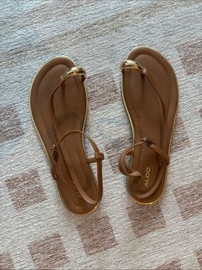 ALDO Brown T-Strap Sandals with Gold Accent